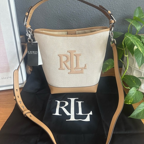 NWT Ralph Lauren Canvas Med Whitley Beige Tan Monogram Shoulder Bucket Bag - Picture 3 of 10